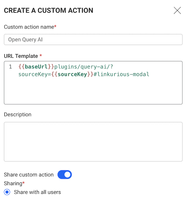 screenshot of the custom action creation