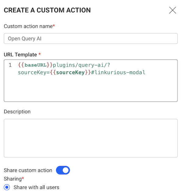 screenshot of the custom action creation