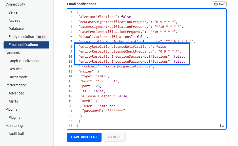 example of email notification settings for entity resolution