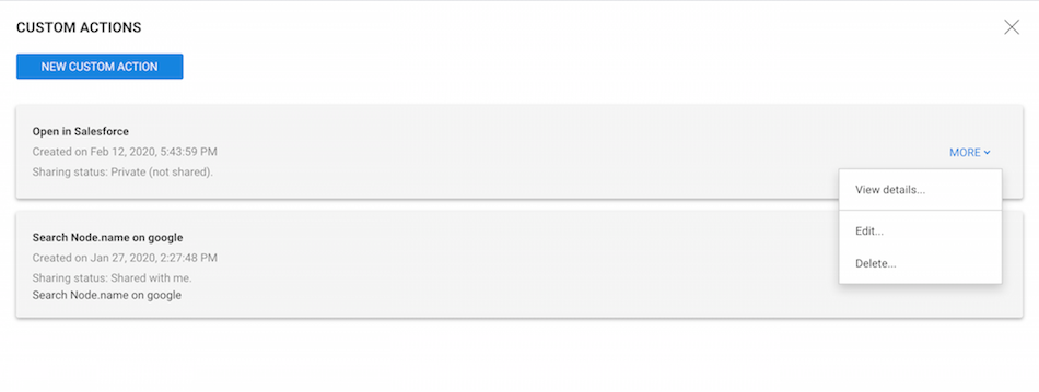 Managing custom actions