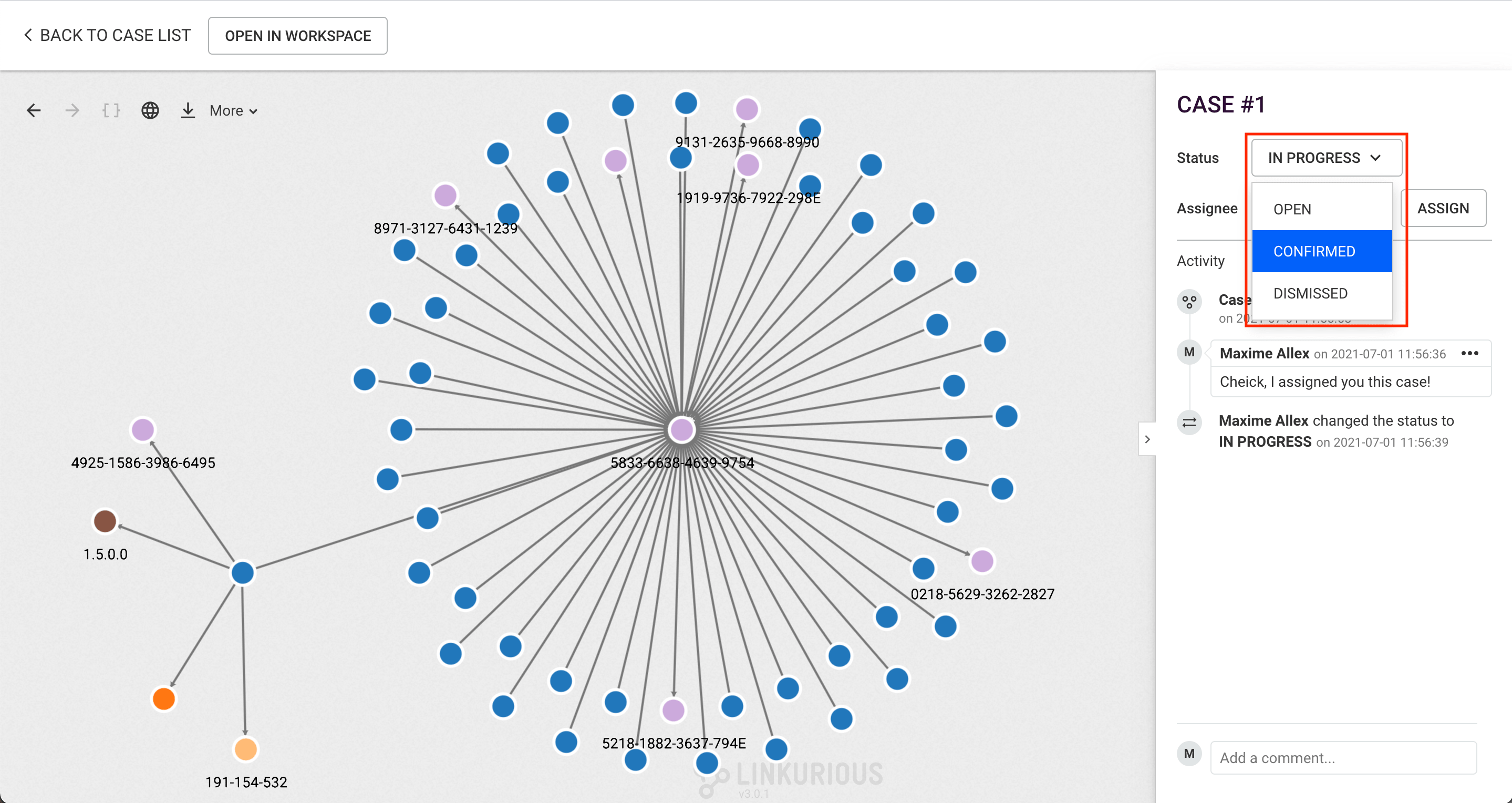 screenshot: changing the status of a case