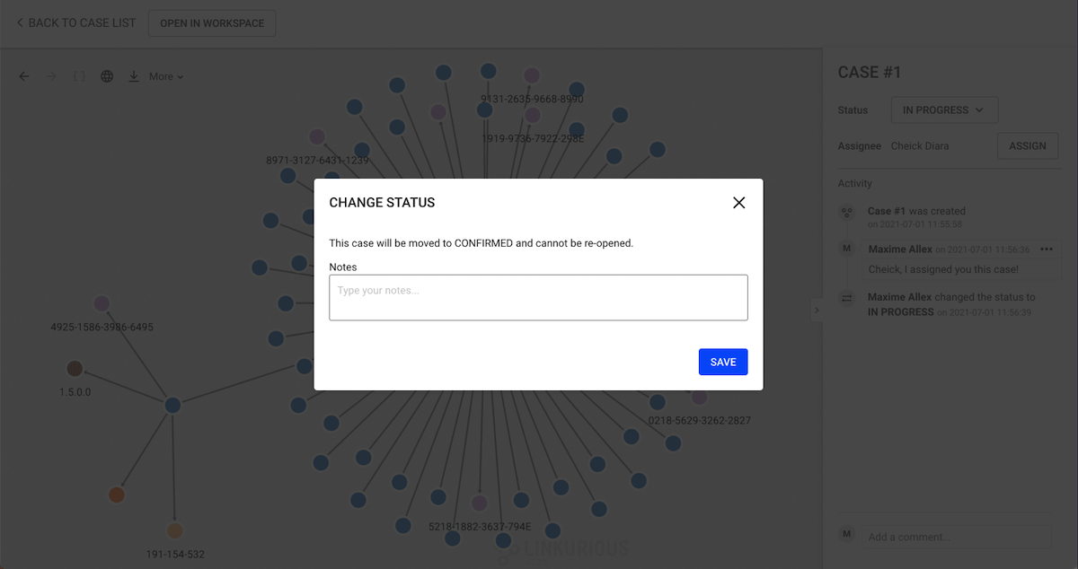 screenshot: adding a note when confirming a case