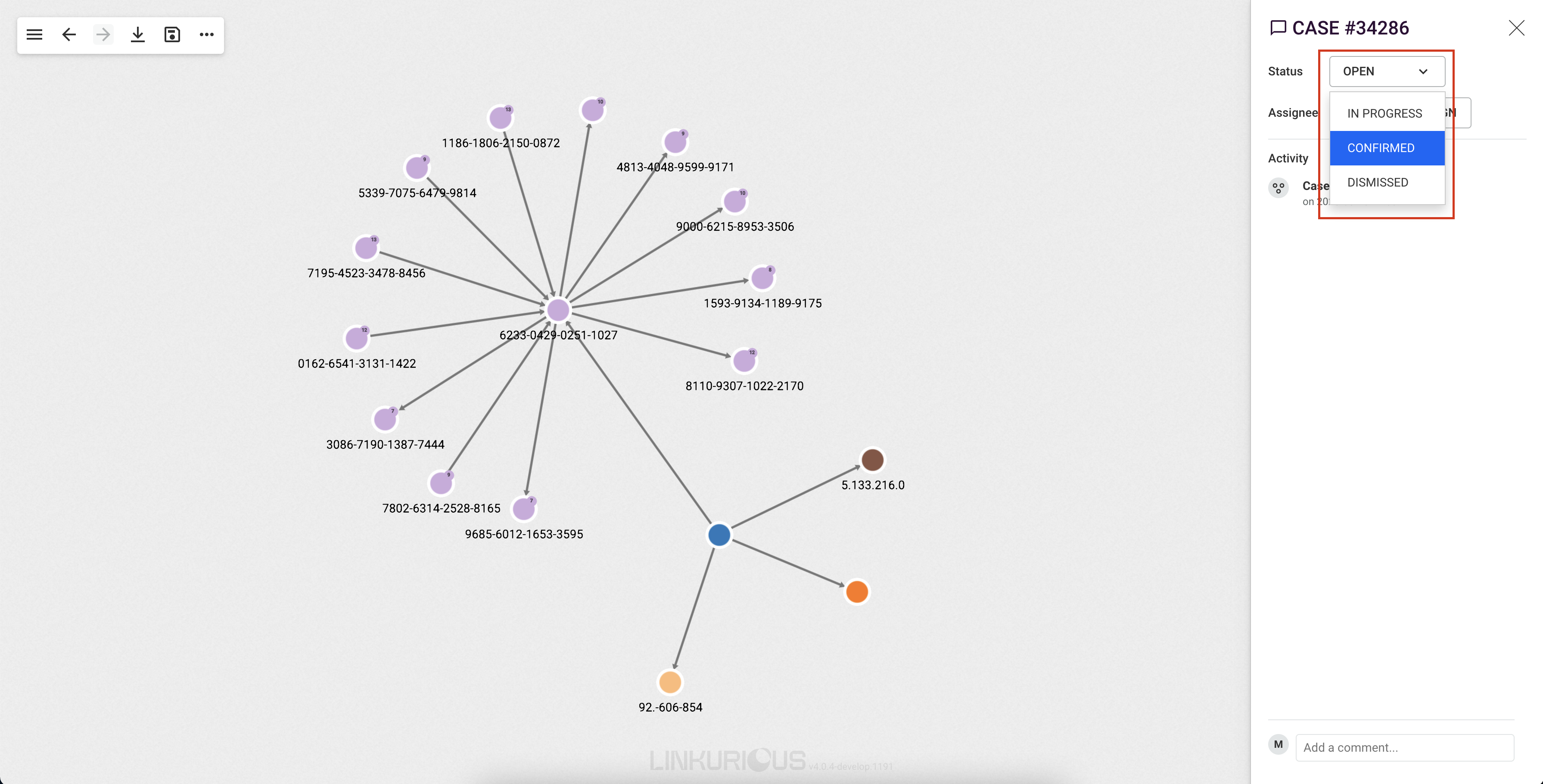 screenshot: changing the status of a case