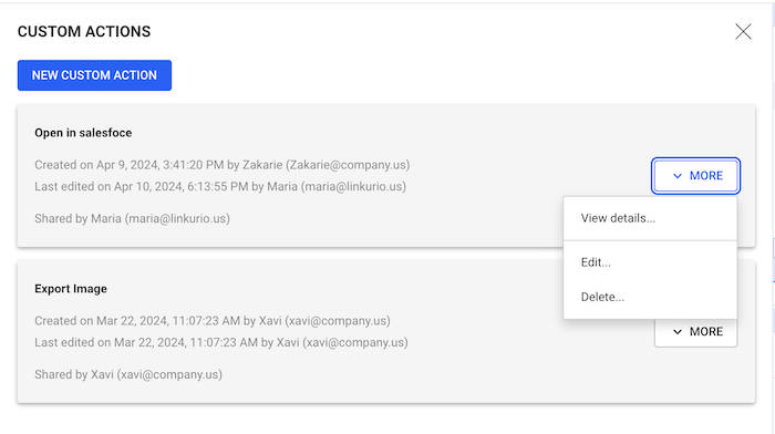Managing custom actions
